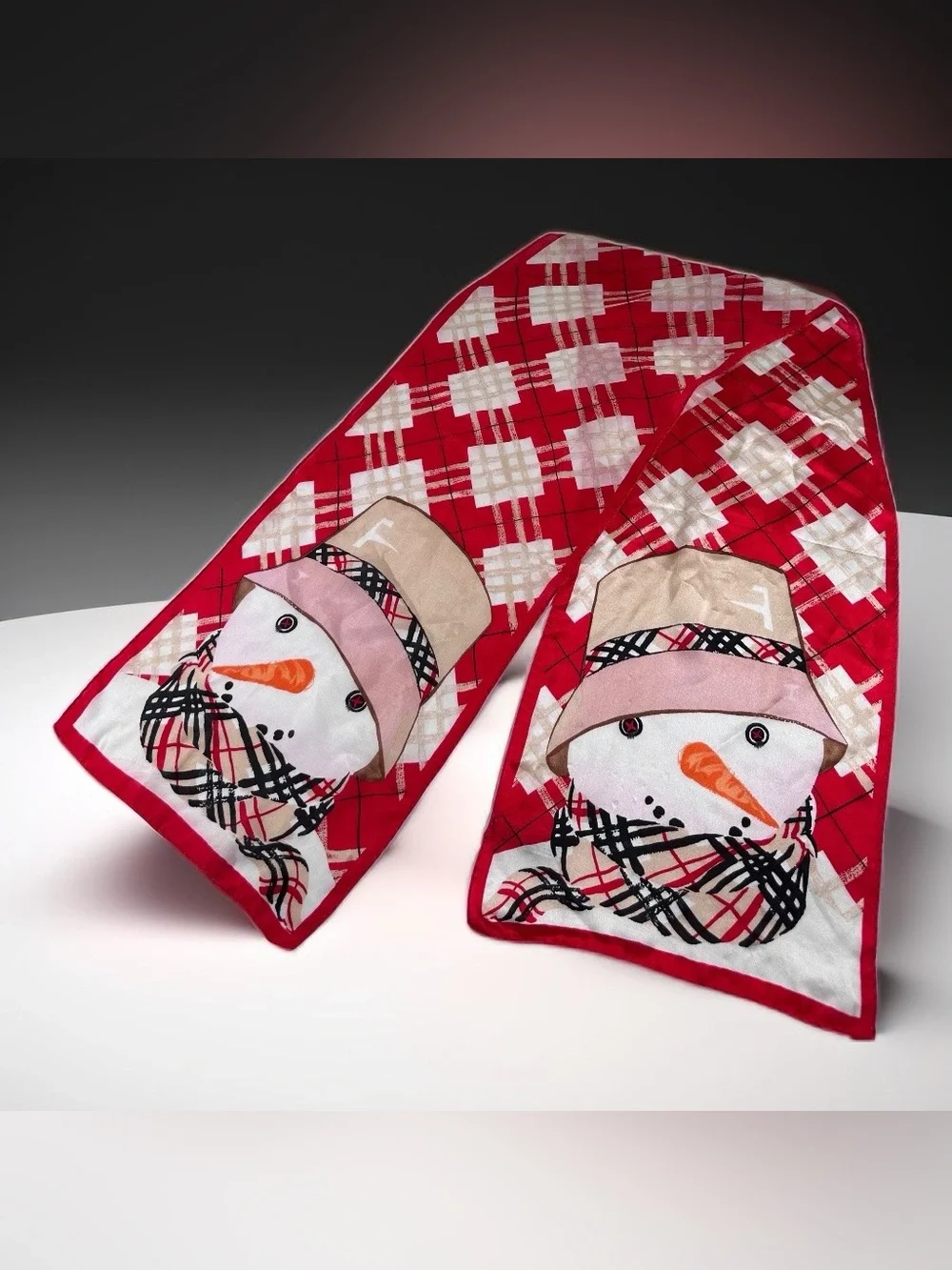 Vintage Elaine Gold Collection XII XII LTD Silk Scarf Red Plaid Snowman Holiday